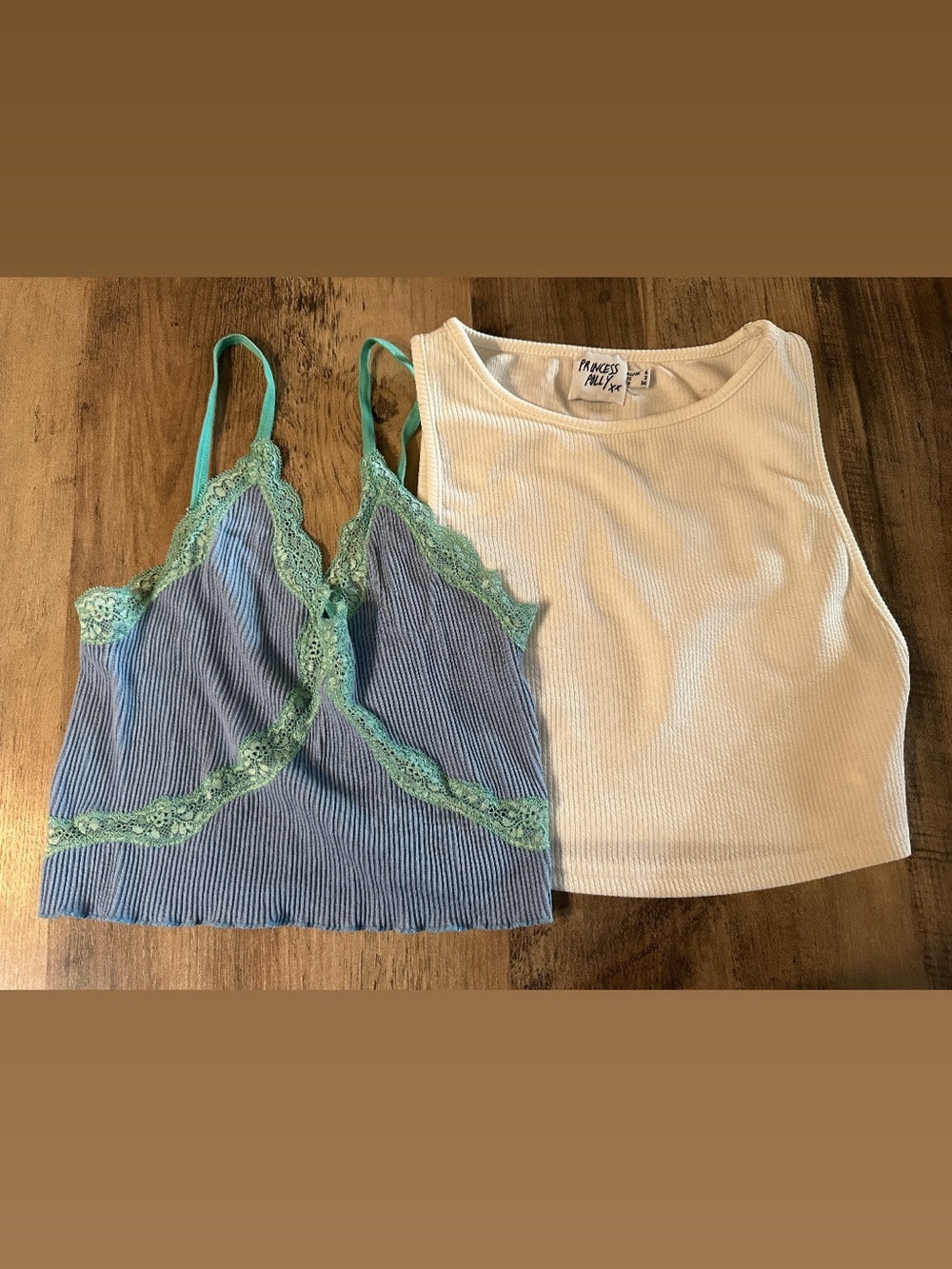 Princess Polly white ribbed crop top and blue lace cami bundle